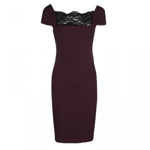 Pre Owned Just Cavalli Burgundy Contrast Lace Neck Trim Detail Cap Sleeve Dress M