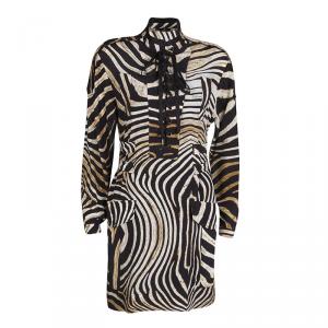 Pre Owned Just Cavalli Animal Print Tie Up Front Long Sleeve Silk Tunic M