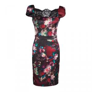 Pre Owned Just Cavalli Multicolor Floral Printed Satin Lace Neck Detail Sleeveless Dress S