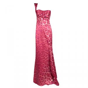 Pre Owned Just Cavalli Pink Leopard Printed Satin Pleat Detail One Shoulder Maxi Dress S