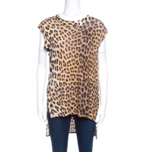 Pre Owned Just Cavalli Leopard Printed Jersey High Low Top M