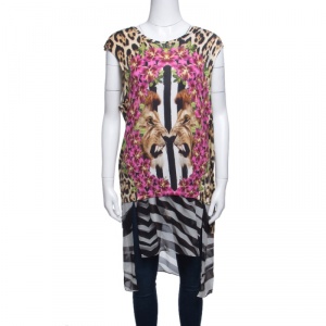 Pre Owned Just Cavalli Floral and Animal Printed Jersey High Low Sleeveless Tunic S