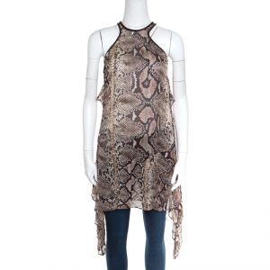 Pre Owned Just Cavalli Snakeskin Printed Sheer Silk Leather Braid Trim Racerback Dress M