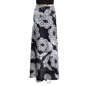 Pre Owned Just Cavalli Black Floral and Butterfly Printed Satin Flared Maxi Skirt M
