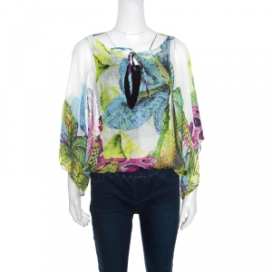 Pre Owned Just Cavalli Multicolor Silk Gauze Printed Kimono Sleeve Blouse S