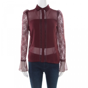 Pre Owned Just Cavalli Burgundy Floral Lace Insert Blouse S