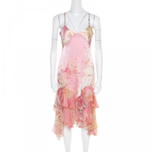 Pre Owned Just Cavalli Pink and Yellow Printed Silk Ruffled Hem Detail Sleeveless Dress M