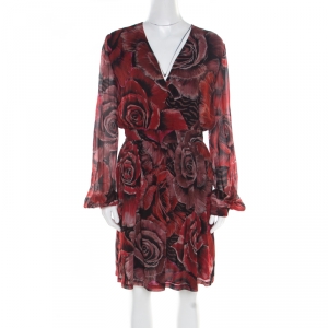 Pre Owned Just Cavalli Red Rose Printed Plunge Neck Dress M