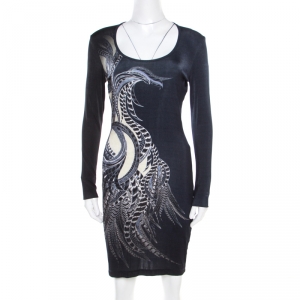 Just Cavalli Navy Blue Feather Printed Jersey Long Sleeve Bodycon Dress M