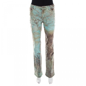 Pre Owned Just Cavalli Mint and Brown Distressed Lace Overlay Printed Denim Flared Jeans M