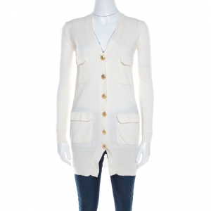 Pre Owned Just Cavalli Cream Wool Gold Logo Button Detail Long Cardigan XS 