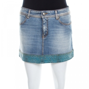 Pre Owned Just Cavalli Indigo Light Wash Denim Leopard Print Trim Mini Skirt M