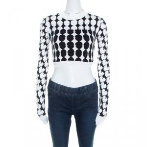 Pre Owned Just Cavalli Monochrome Cutout Knit Crew Neck Long Sleeve Crop Top S