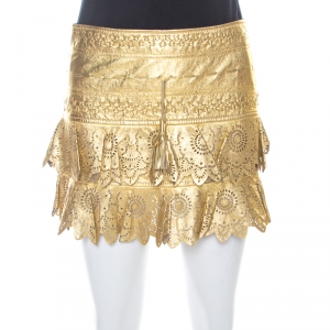 Pre Owned Just Cavalli Gold Leather Embroidered Laser Cut Skirt XS 