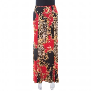Pre Owned Just Cavalli Red and Black Baroque Print Paneled Maxi Skirt M