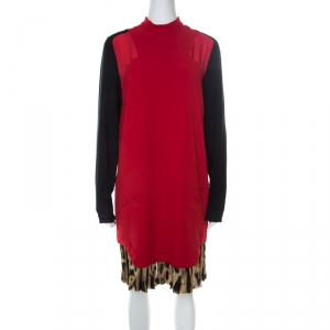 Pre Owned Just Cavalli Red and Black Crepe Pleated Leopard Hem Shift Dress M 