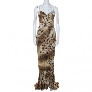 Pre Owned Just Cavalli Multicolor Animal Print Satin Pleated Hemline Sleeveless Dress L