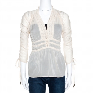 Just Cavalli Cream Stretch Silk Ruched Detail Top S