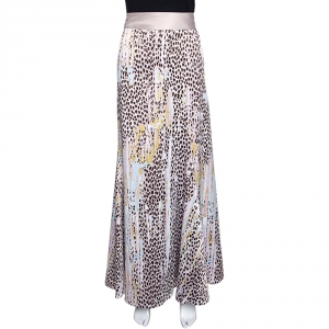 Pre Owned Just Cavalli Dusty Pink Leopard Print Satin Flared Maxi Skirt S 