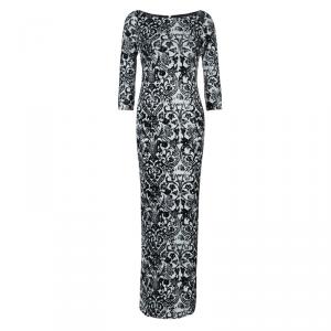 Pre Owned Just Cavalli Monochrome Floral Flock Print Sequin Embellished Maxi Dress S
