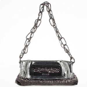  Just Cavalli Leather Metallic Embossed Chain Shoulder Bag 