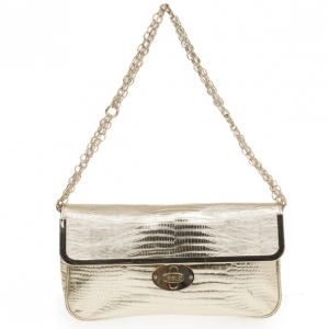 Just Cavalli Gold Metallic Crocodile Embossed Leather Small Clutch Bag