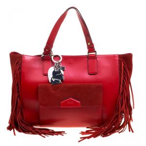 Karl Lagerfeld Red Leather Fringe Shopper Tote