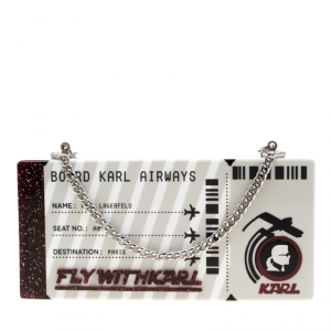 Karl Lagerfeld Silver Glitter Acrylic Jet Boarding Pass Minaudere Clutch