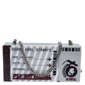 Karl Lagerfeld Silver Glitter Acrylic Jet Boarding Pass Minaudere Clutch
