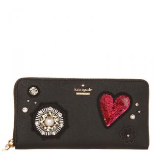 Pre Owned Kate Spade Black Leather Finer Things embellished Lacey Zip Around Wallet