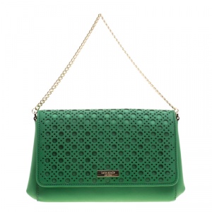 Pre Owned Kate Spade Green Leather Newbury Lane Laser Cut Flap Shoulder Bag