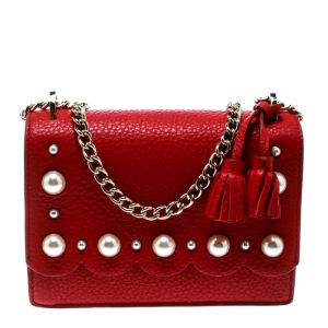 Pre Owned Kate Spade Red Leather Hayes Street Hayzel Pearl Shoulder Bag