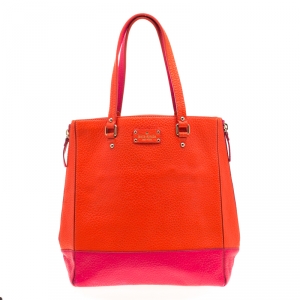 Pre Owned Kate Spade Orange/Pink Leather Side Zip Tote