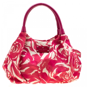 Pre Owned Kate Spade Pink/White Printed Nylon Stevie Shoulder Bag
