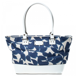 Pre Owned Kate Spade White/Blue Canvas and Leather Wellesley Hyacinth Leaves Harmony Tote
