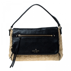 Pre Owned Kate Spade Beige/Black Woven Raffia and Leather Little Minka Shoulder Bag