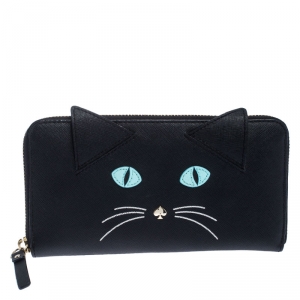 Kate Spade Black Leather Cat Jazz Zip Around Wallet