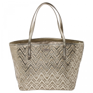 Pre Owned Kate Spade Beige/Gold Woven Raffia and Patent Leather Tote