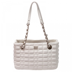 Pre Owned Kate Spade Off White Quilted Leather Chain Tote