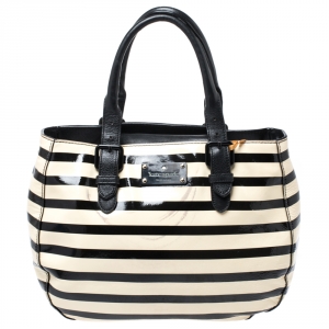 Pre Owned Kate Spade Black/White Patent Leather Stripe Tote