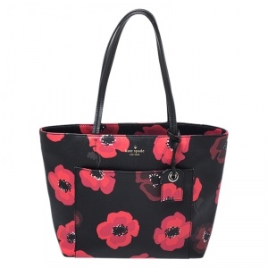 Pre Owned Kate Spade Black/Red Floral Print Leather Hyde Lane Riley Tote