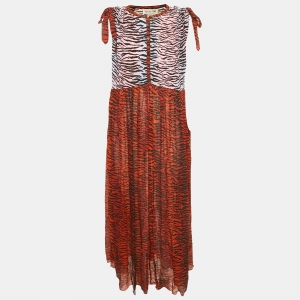 Kenzo Burgundy Animal Printed SIlk Chiffon Paneled Oversized Maxi Dress S