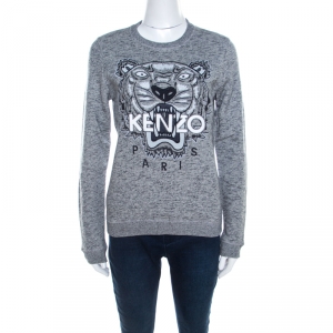 Pre Owned Kenzo Grey Knit Embroidered Tiger Motif Sweatshirt S