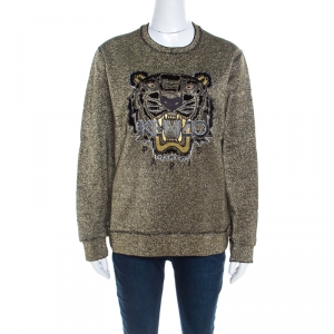 Pre Owned Kenzo Metallic Gold Knit Iconic Embroidered Tiger Motif Sweatshirt M  