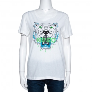 Pre Owned Kenzo White Tiger Print Cotton Crew Neck T-Shirt M