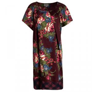 Pre Owned Kenzo Burgundy Floral Printed Wool Checked Trim Detail Dress L