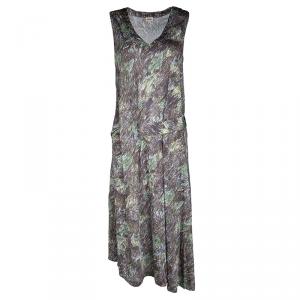 Pre Owned Kenzo Multicolor Scribble Printed Silk Jersey Waist Tie Detail Sleeveless Midi Dress M