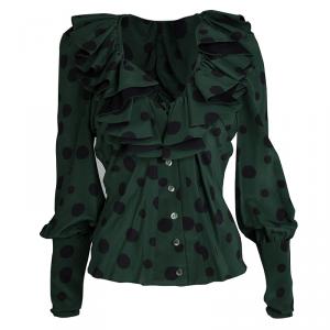 Pre Owned Kenzo Green And Black Polka Dotted Ruffle Detail Long Sleeve Silk Blouse M
