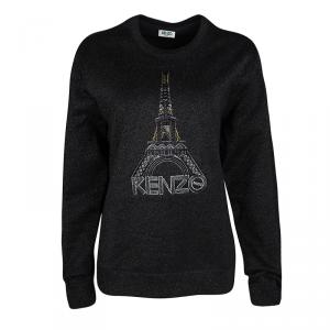 Pre Owned Kenzo Metallic Black Flocked Eiffel Tower Motif Sweatshirt M