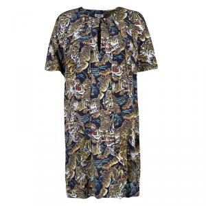 Pre Owned Kenzo Multicolor Flying Tiger Printed Silk Pleat Detail Short Sleeve Dress M